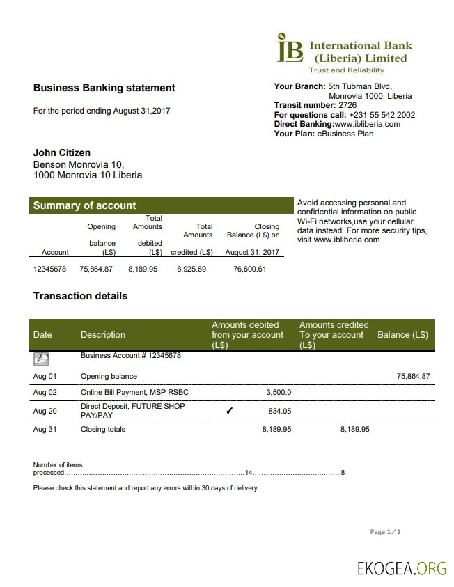 Libéria Déclaration de la IB International Bank
